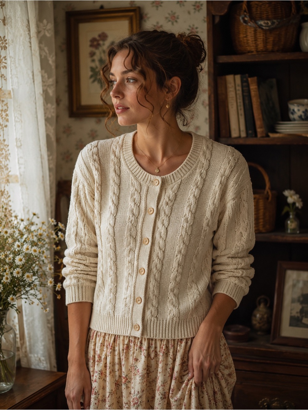 Vintage Parkhurst Cable Knit Cream Cardigan - S